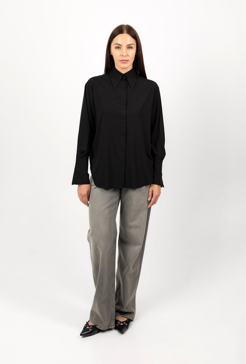 Black Viscose Shirt With Elegant Cuffs