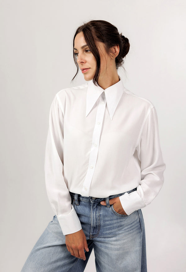 White Casual Shirt with Pointed Collar
