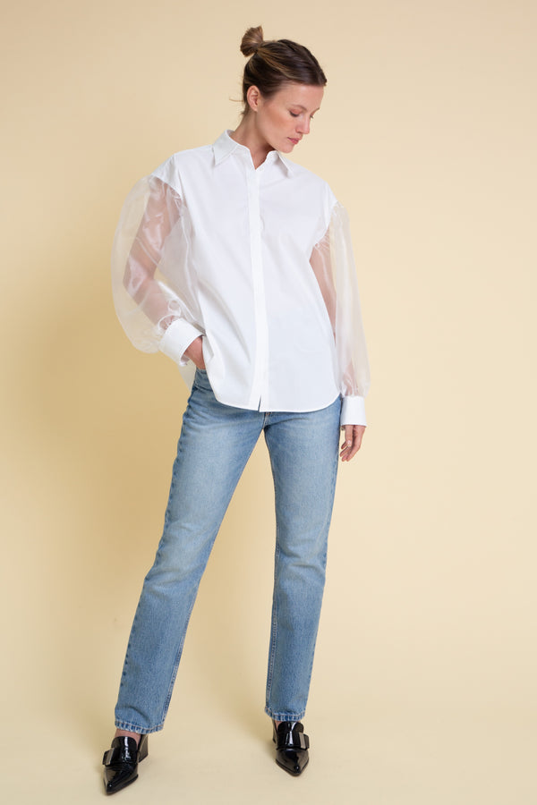 Organza Sleeves Cotton Blouse in White