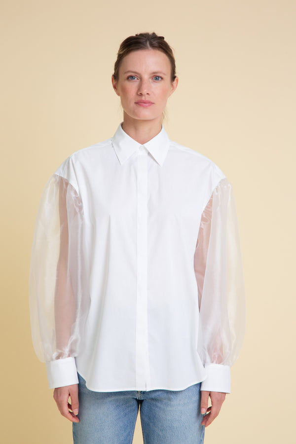 Organza Sleeves Cotton Blouse in White