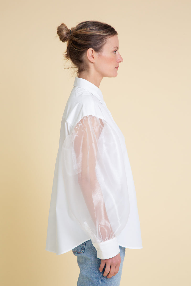 Organza Sleeves Cotton Blouse in White
