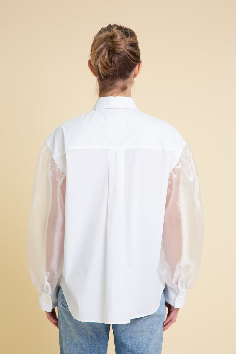 Organza Sleeves Cotton Blouse in White