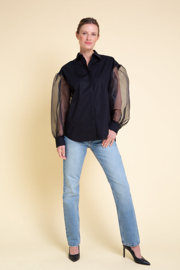 Organza Sleeves Cotton Blouse in Black