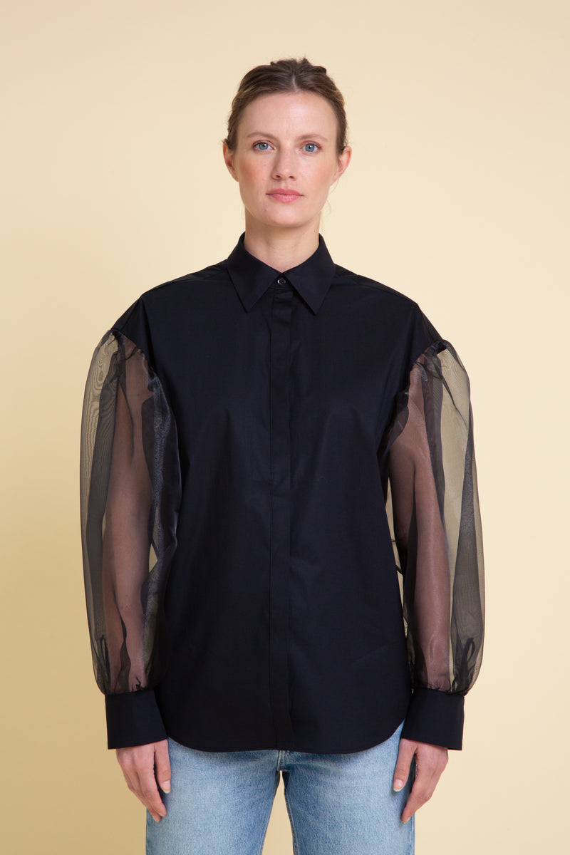 Organza Sleeves Cotton Blouse in Black