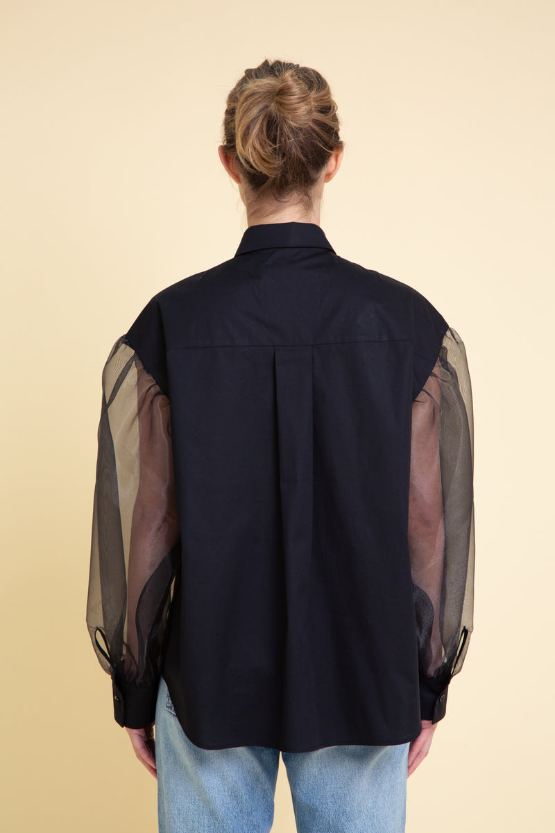 Organza Sleeves Cotton Blouse in Black