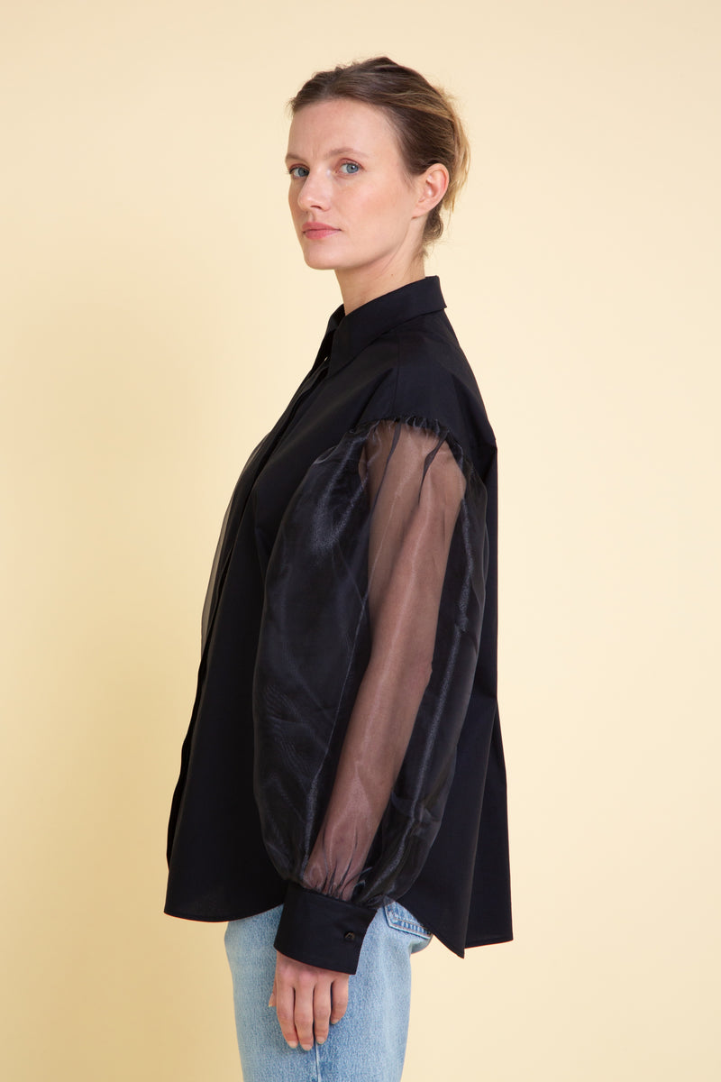 Organza Sleeves Cotton Blouse in Black