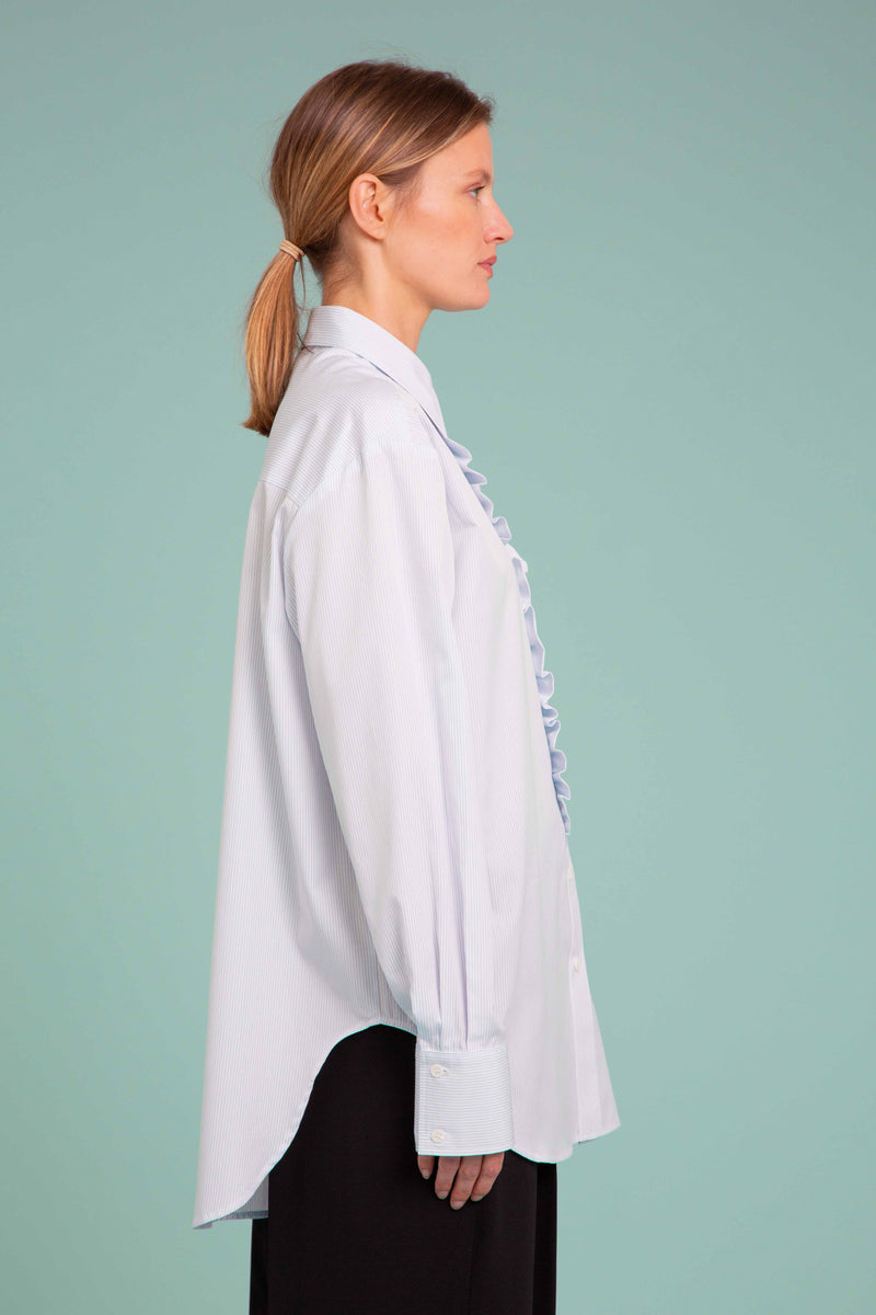 Ruffled Striped COTTON Shirt IN SKY BLUE