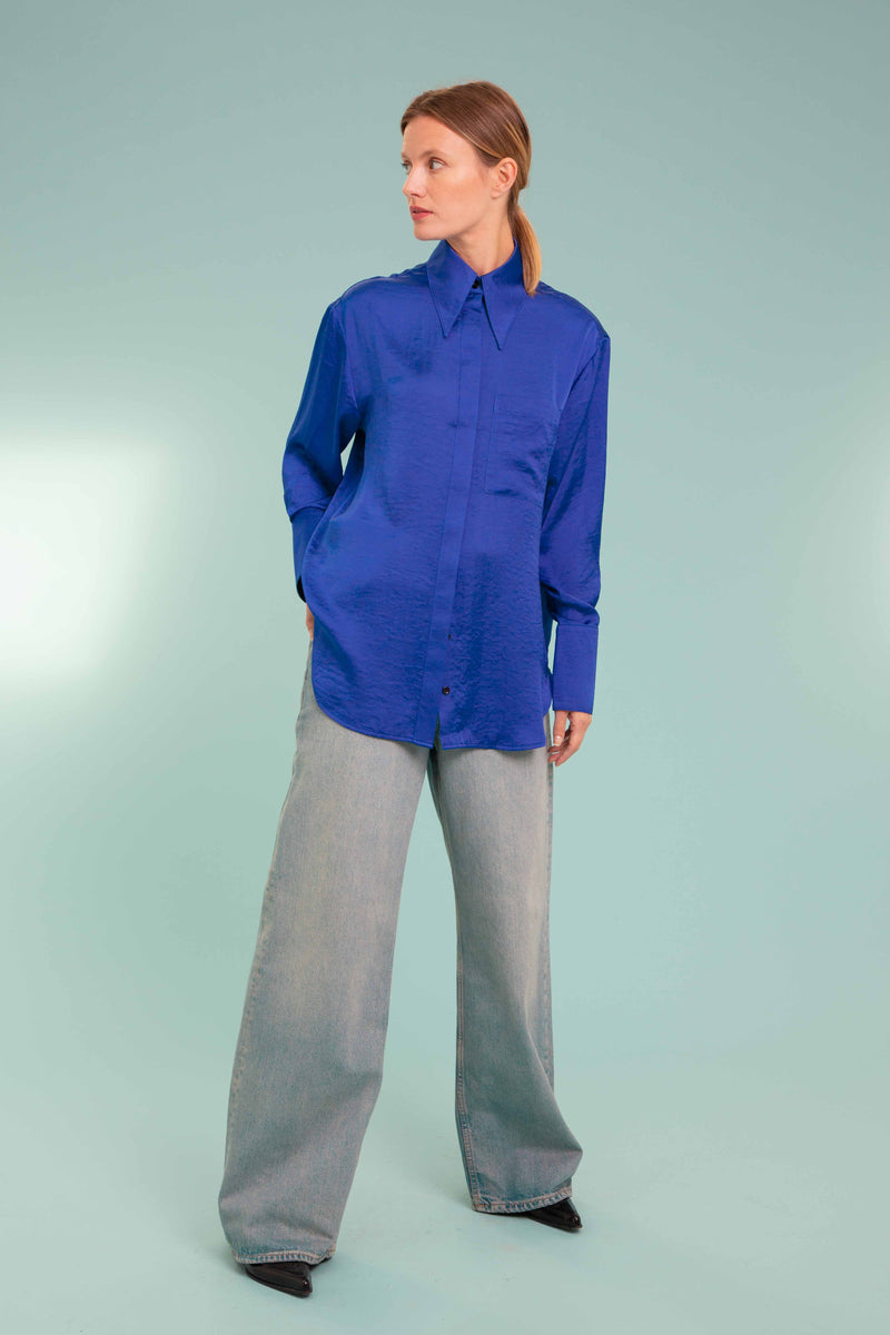 Silky Satin Shirt In Electric Blue