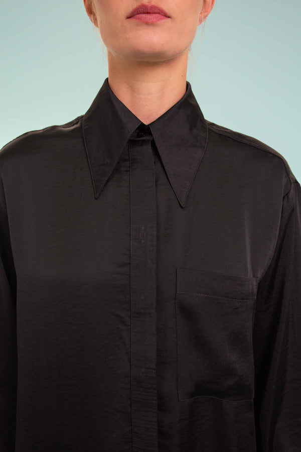 Silky Satin Shirt In Electric Black