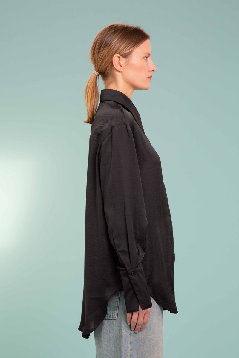 Silky Satin Shirt In Electric Black