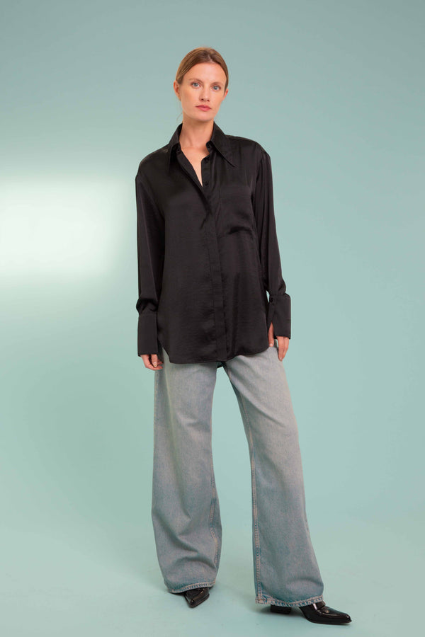 Silky Satin Shirt In Electric Black