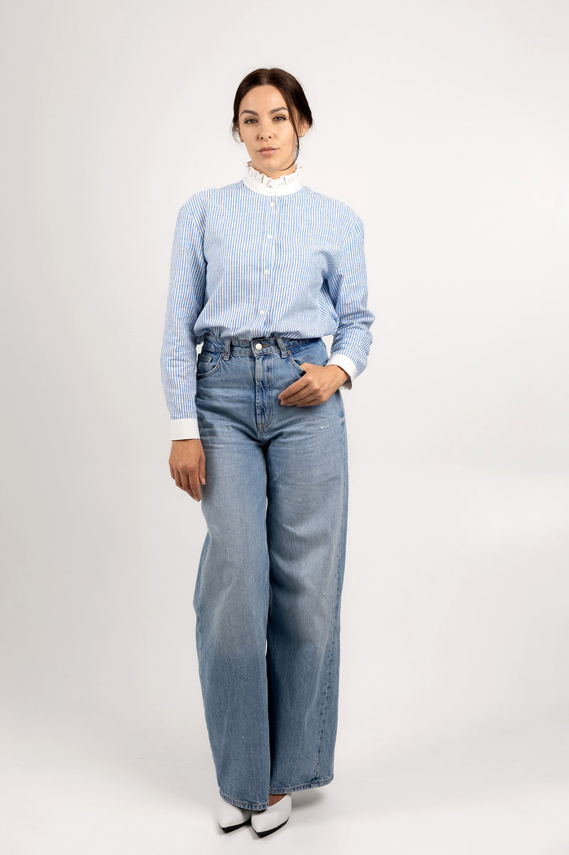 Ruffle collar blouse in blue stripe