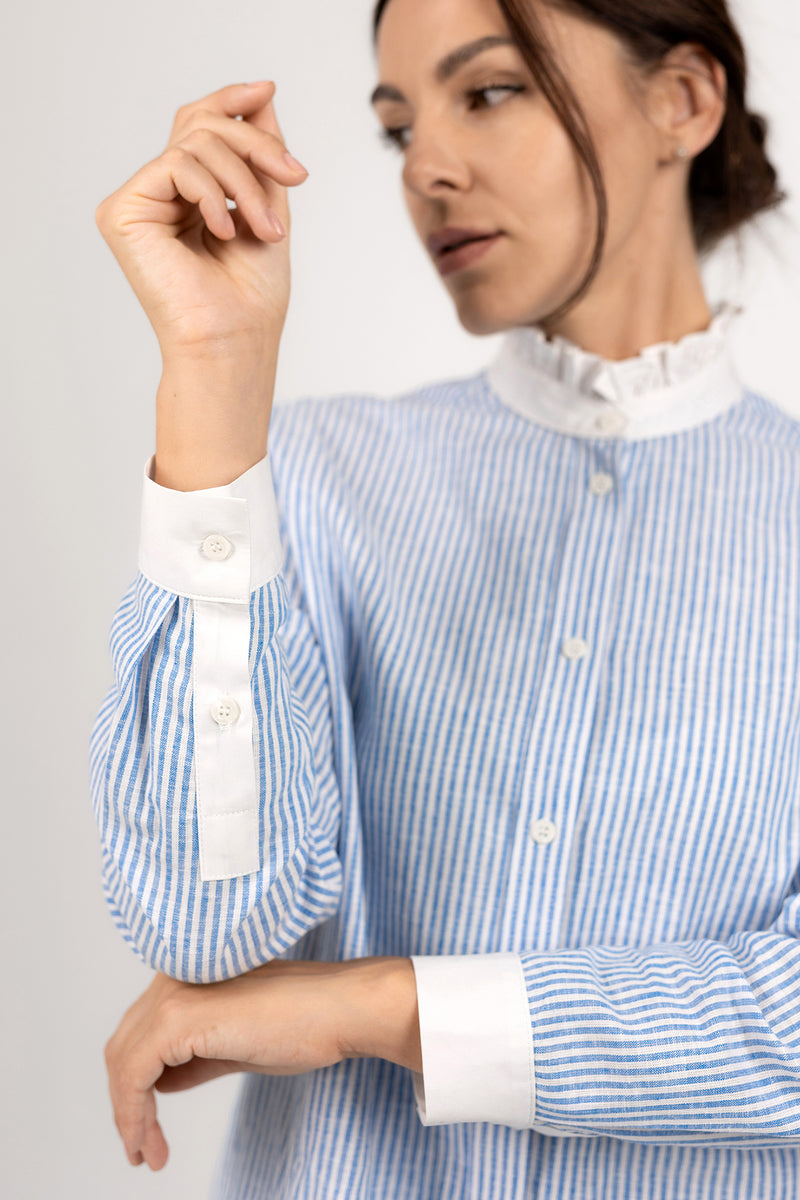 Ruffle collar blouse in blue stripe