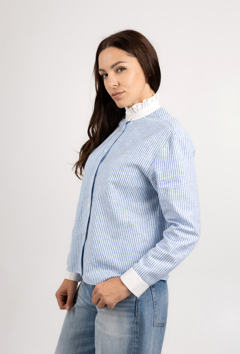 Ruffle collar blouse in blue stripe