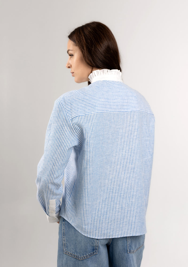 Ruffle collar blouse in blue stripe