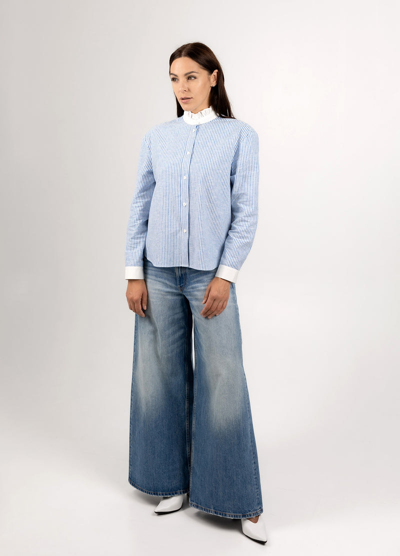 Ruffle collar blouse in blue stripe