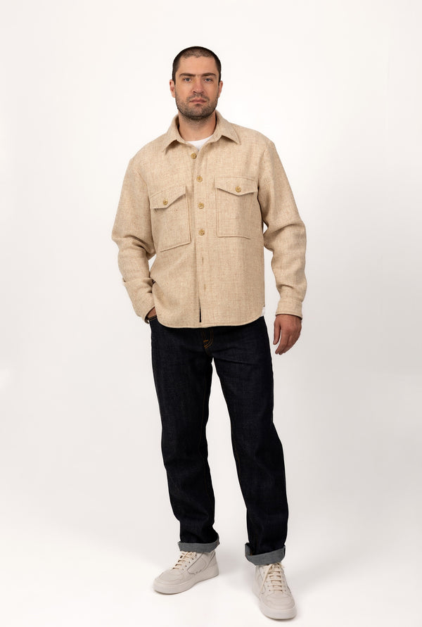 Sand Relaxed Fit Shirt-Jacket in Pure Wool