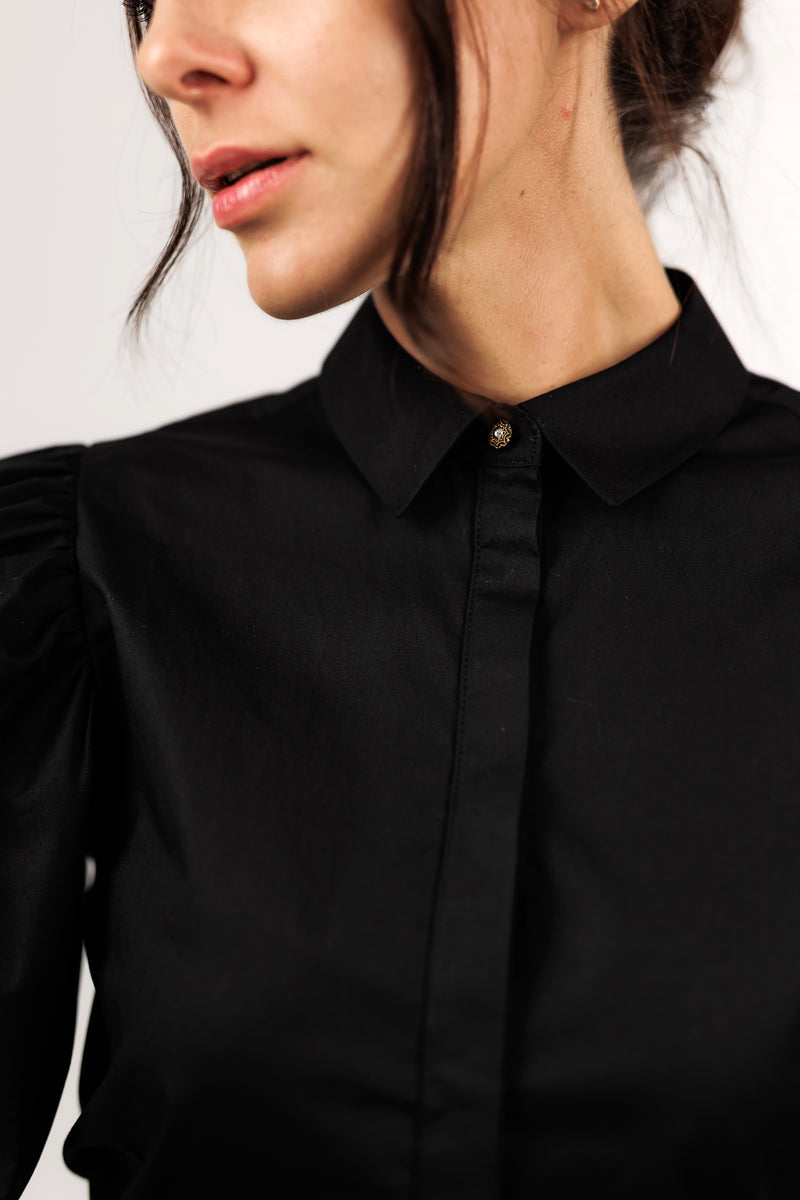 Black cotton blouse with volume sleeves