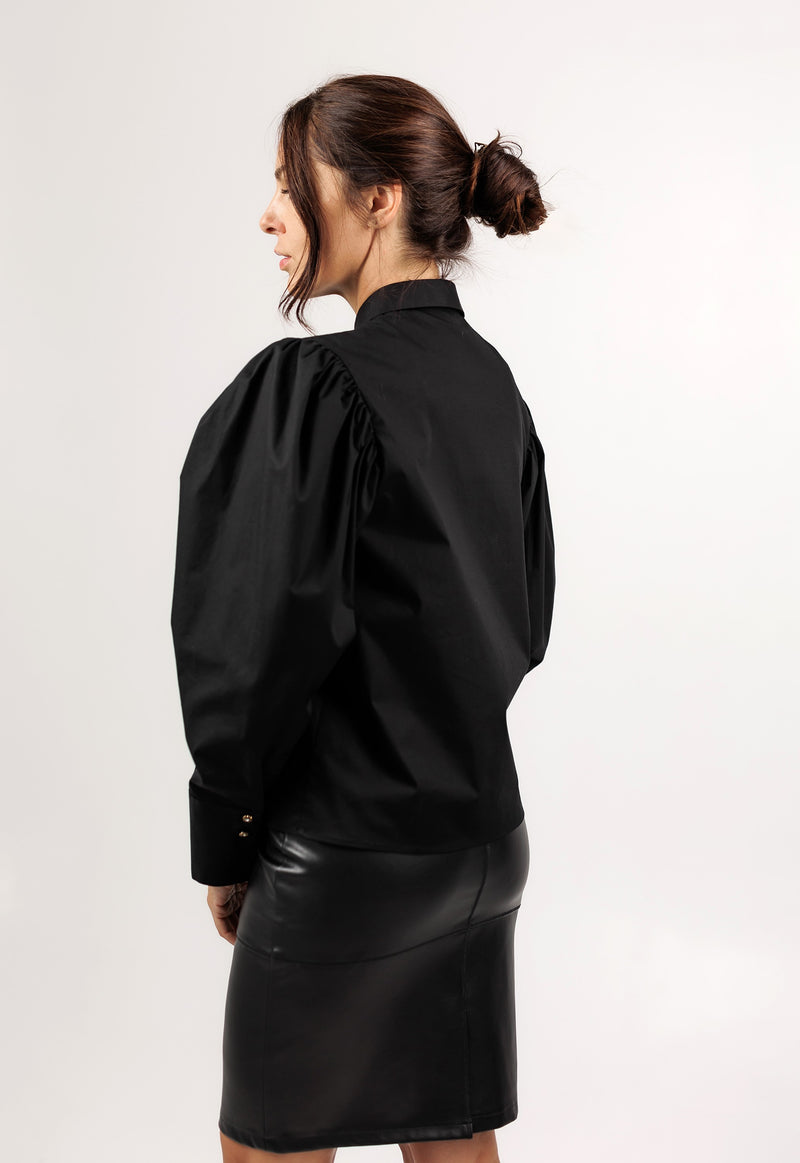 Black cotton blouse with volume sleeves